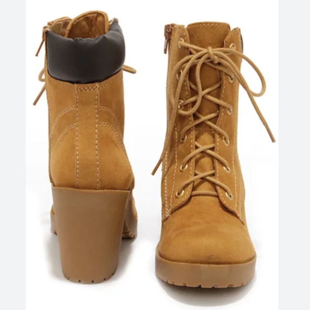 Call It Spring Camel Faux Suede Lace-Up Chunky Heel Combat Boots | Block Heel 6